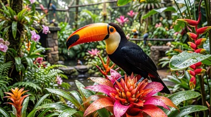 Fototapeta premium A vibrant toucan perched amidst a colorful floral scene