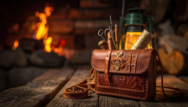 Hand-stitched leather pouch filled with assorted vintage survival tools and supplies sits on a rustic wooden table near a fireplace