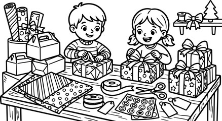 Obraz premium Black and white line art children wrapping christmas gifts at wooden table with scissors tape and gift tags