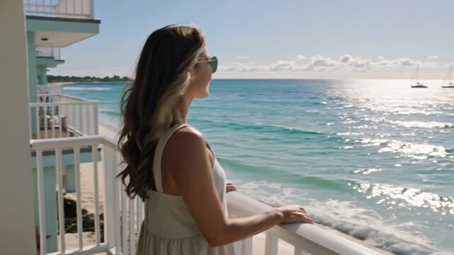 Beautiful woman enjoying ocean view from hotel balcony