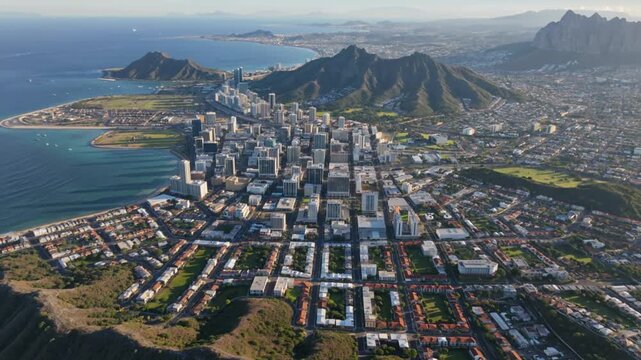 Aerial view of honolulu city with diamond head crater