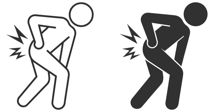 bold back pain icon with editable uniform stroke, modern medical line vector illustration showing human spine discomfort, lower back ache concept, healthcare symptom graphic for physiotherapy, orthope