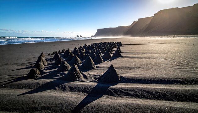 Precisely arranged clusters of dark volcanic sand forming unnatural sharp-edged formations on a sunlit beach with ocean backdrop.