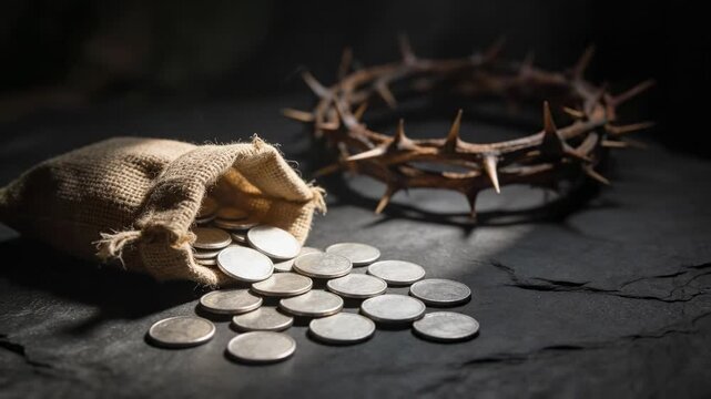 Thirty pieces of silver coins spilling from a burlap sack on a dark stone surface with a crown of thorns in the background. Biblical concept of Judas betrayal and Easter Good Friday