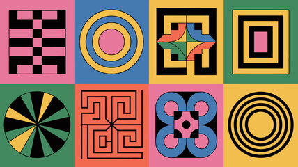 Obraz premium A vibrant grid of nine abstract geometric patterns fills the frame utilizing bold colors and simple shapes for a modern design high quality professional detailed elegant