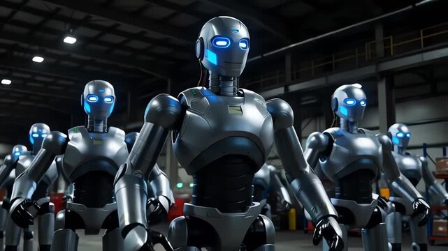 Row of Humanoid Robots Standing Up in Industrial Warehouse