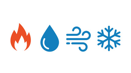 A simple graphic displays four elemental icons fire water air and ice each represented by a distinct colorful symbol high quality professional detailed modern elegant stylish