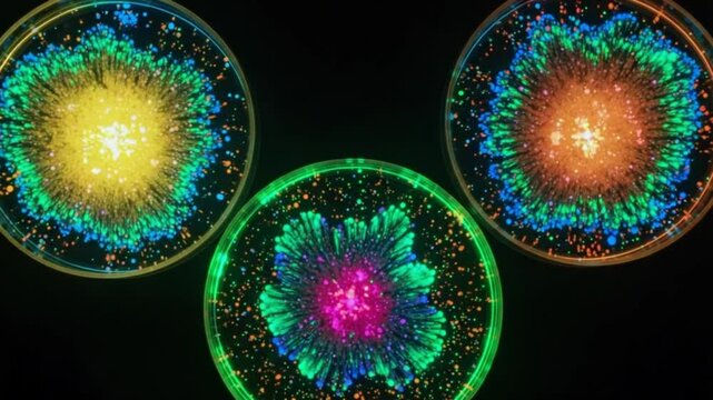 Three petri dishes with colorful bacteria growing on agar gel in a laboratory setting with a black background