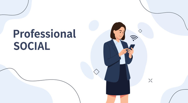 Professional woman using smartphone with wifi symbol, social media concept