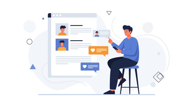 Man using smartphone interacting with social media profiles and chat bubbles