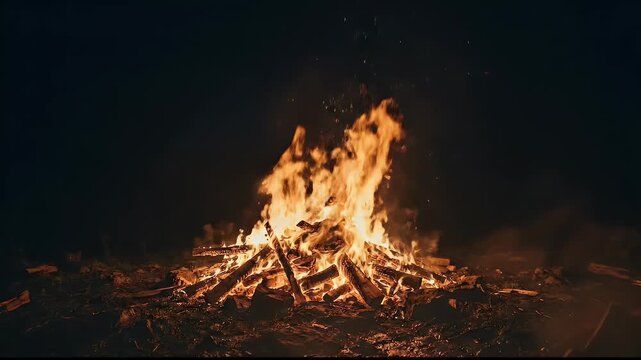 A large bonfire built from stacked logs burns intensely in the dark night, surrounded by thick white smoke.