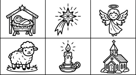 Naklejka premium Black and white line art nativity baby jesus in manger angel star candle sheep and church christmas icons set