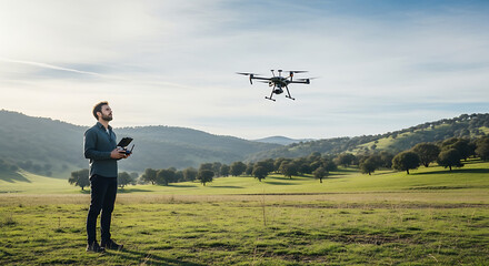 Young male pilot operating professional quadcopter via wireless remote controller in scenic mountain landscape showcasing advanced aerial technology and digital navigation outdoors.