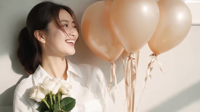 女性が白シャツで淡いグレー背景の前に立ち、清潔感のある笑顔で風船を手にする