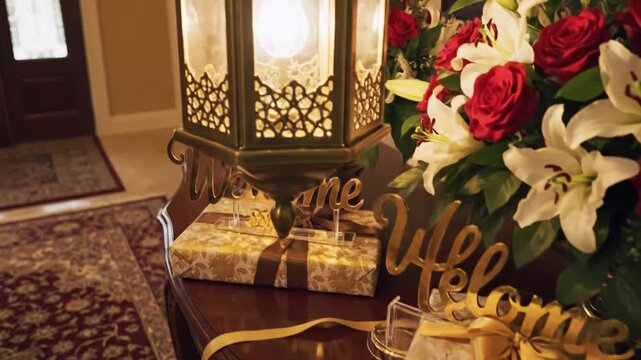 Elegant home entryway table with festive decor and welcome sign