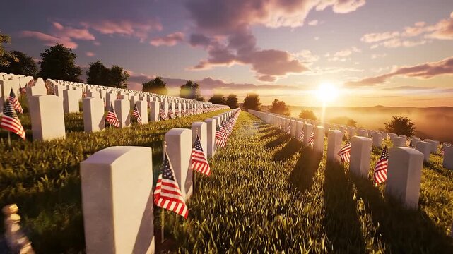 Serene Hillside Cemetery at Golden Hour with American Flags and Headstones