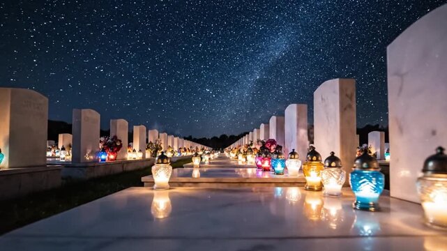 Solemn Evening Memorial with Candlelit Headstones Under Starry Sky