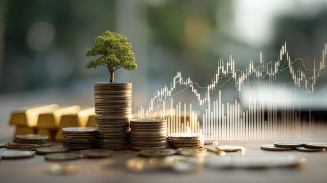 Growing tree on coins with stock chart concept for financial investment