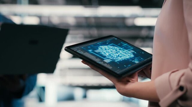 Optimizing AI performance, devices and team of technicians in data center using deep learning. Brainstorming, neural network automation and software developers in data center, camera B