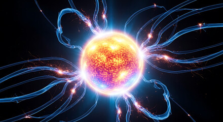 Obraz premium Luminous solar orb radiating intense electromagnetic field and incandescent spark against a cosmic backdrop symbolizing powerful nuclear energy and celestial physics.