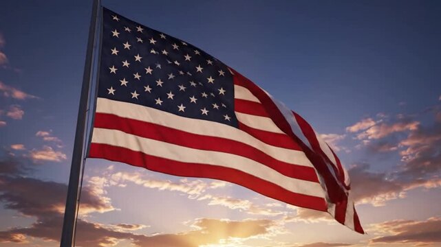 Majestic American Flag Waving at Dawn Over Peaceful Memorial Park