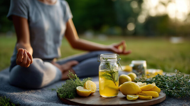 Faceless figure practicing yoga on a mat outdoors surrounded by lemon slices, herbal sprigs, and a detox drink, holistic health and organic cleansing ritual, defocused nature