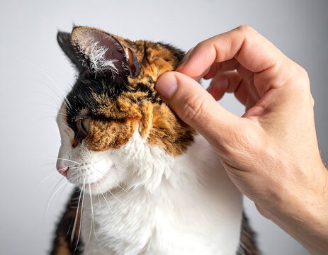 Person Petting Calico Cats Head Closeup.