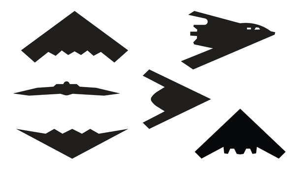Stealth bomber and military aircraft silhouette set. Flying wing jet icons for defense infographics and aviation recognition. Vector glyphs.