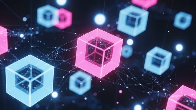 Glowing pink and blue cubes floating in a dark space with connections and particles around them