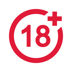 Obraz premium Number 18 and plus sign in red circle isolated on white background. Age censor symbol. Movie viewing, website visiting, adult only or alcohol limit label. Vector flat illustration