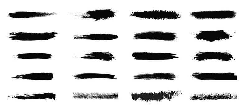 Black grunge brush stroke set. Redacted text censorship bars and rough ink line dividers. Vector texture strikethrough pack.