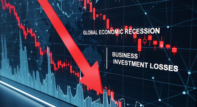 Financial market crash displaying a red downward arrow and statistical graphs indicating a global economic recession, bankruptcy, crisis, and falling stock exchange values on digital screens.