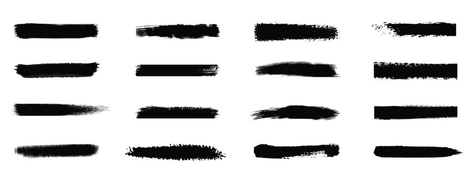 Black grunge brush stroke set. Redacted text censorship bars and rough ink line dividers. Vector texture strikethrough pack.