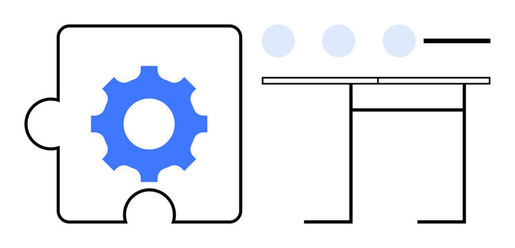Process optimization, workflow efficiency, system integration, automation, business operations, problem-solving. Gear puzzle piece and workflow icons. Process optimization and workflow efficiency