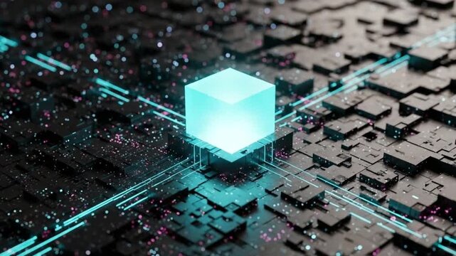 A glowing blue cube on a dark circuit board with pink and blue lights and lines