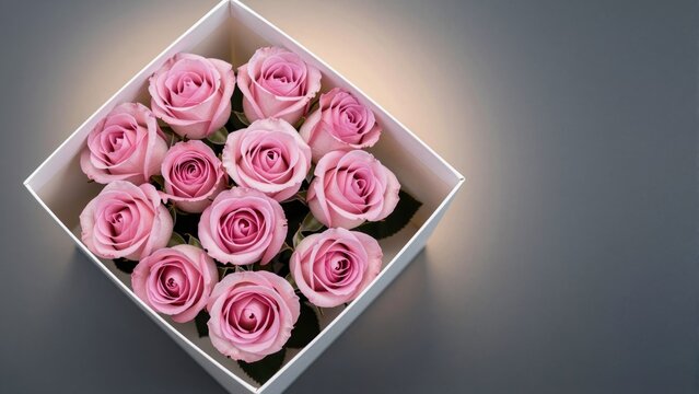 Rose Box of Delight: A dozen blush roses arranged in a square box, revealing their delicate petals and capturing their sweet fragrance and aesthetic beauty.