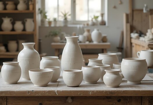 clay pots on the table. ceramic bisque