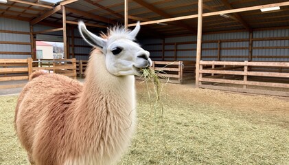 Fototapeta premium Llama Grazing in Barn: A captivating image features a llama peacefully enjoying its meal of fresh grass inside a rustic barn, surrounded by a peaceful, natural atmosphere.