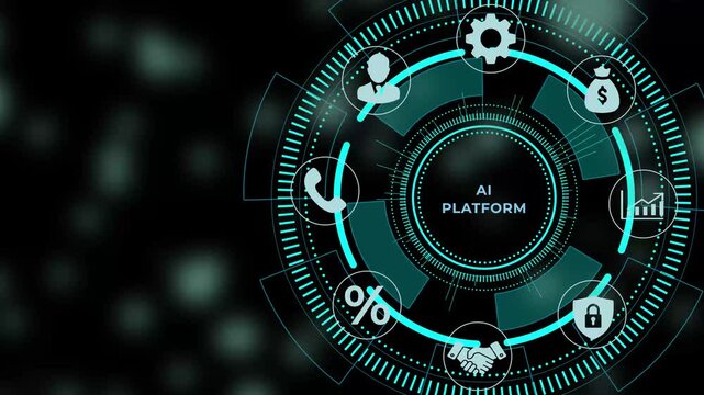 A I platform interface with futuristic circular dashboard and representing business finance technology and security on a black background with blue accents