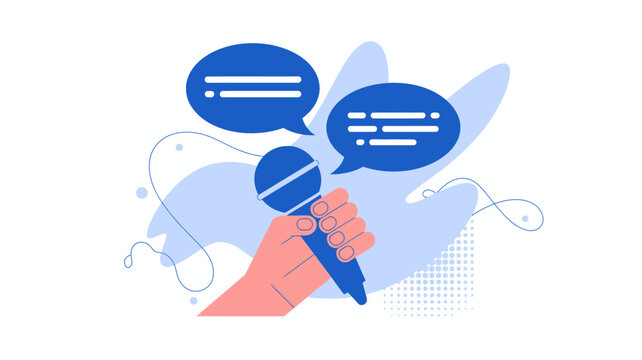 An illustration depicts a hand holding a microphone with speech bubbles hovering nearby suggesting a podcast or interview scenario high quality professional detailed modern elegant stylish