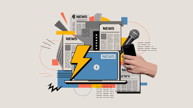 A colorful digital collage depicts news media elements including newspapers a laptop microphone and a hand holding a smartphone high quality professional detailed modern elegant stylish