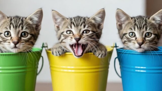 Three adorable kittens sitting in colorful buckets on a white background looking cute and playful