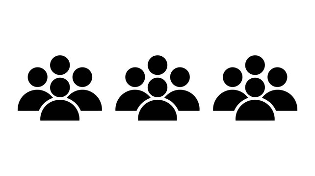 A simple black and white graphic depicts three groups of people varying in size represented by circular forms suggesting heads and bodies high quality professional detailed