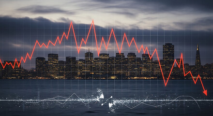 Naklejka premium Digital financial data graph overlaying foggy San Francisco cityscape with red bearish arrow representing stock market crash or real estate property crisis in California urban metropolitan area.
