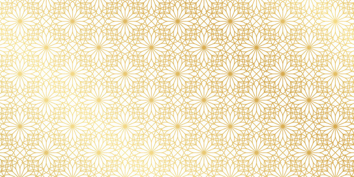 Art deco or boho style pattern with repeated overlapped golden flower shapes on white background. Luxury floral print. Elegant minimalistic wallpaper. Golden abstract ornament. Vector illustration.