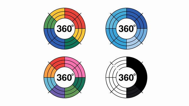 Four circular diagrams illustrate a full 360 degree rotation each divided into colorful sections and displaying the numerical value of 360 degrees high quality professional detailed