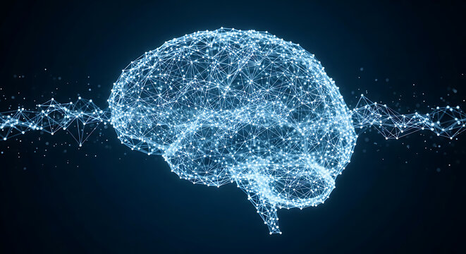 Futuristic digital brain illustration with glowing neural network pathways on dark blue background representing artificial intelligence, machine learning, and advanced cognitive technology.