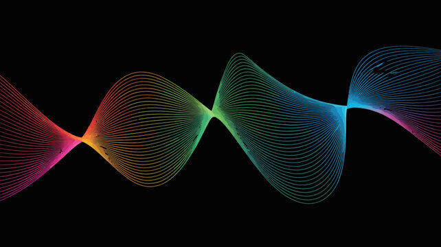 A vibrant abstract representation of sound waves is displayed against a stark black background showcasing a spectrum of colors high quality professional detailed modern elegant stylish