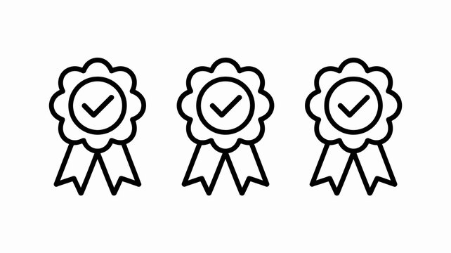 A clean black and white illustration showcases three rosette badges each featuring a central checkmark symbol denoting approval high quality professional detailed modern elegant stylish crisp