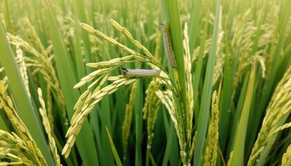 Fototapeta premium Golden Rice Paddy: Capturing the vibrant ecosystem of a rice paddy with delicate green insects perched upon the stalks, a testament to agricultural harmony.